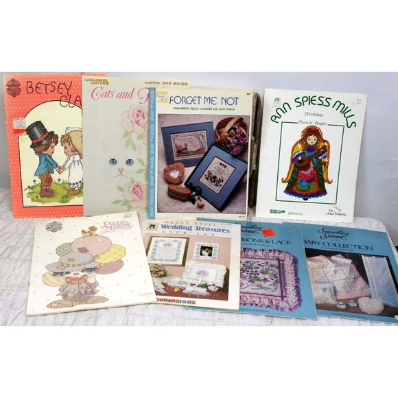 Vtg 8 Pc Counted Cross Stitch Booklet Pattern Lot Cat Flowers Angel Wedding Baby - Picture 1 of 9